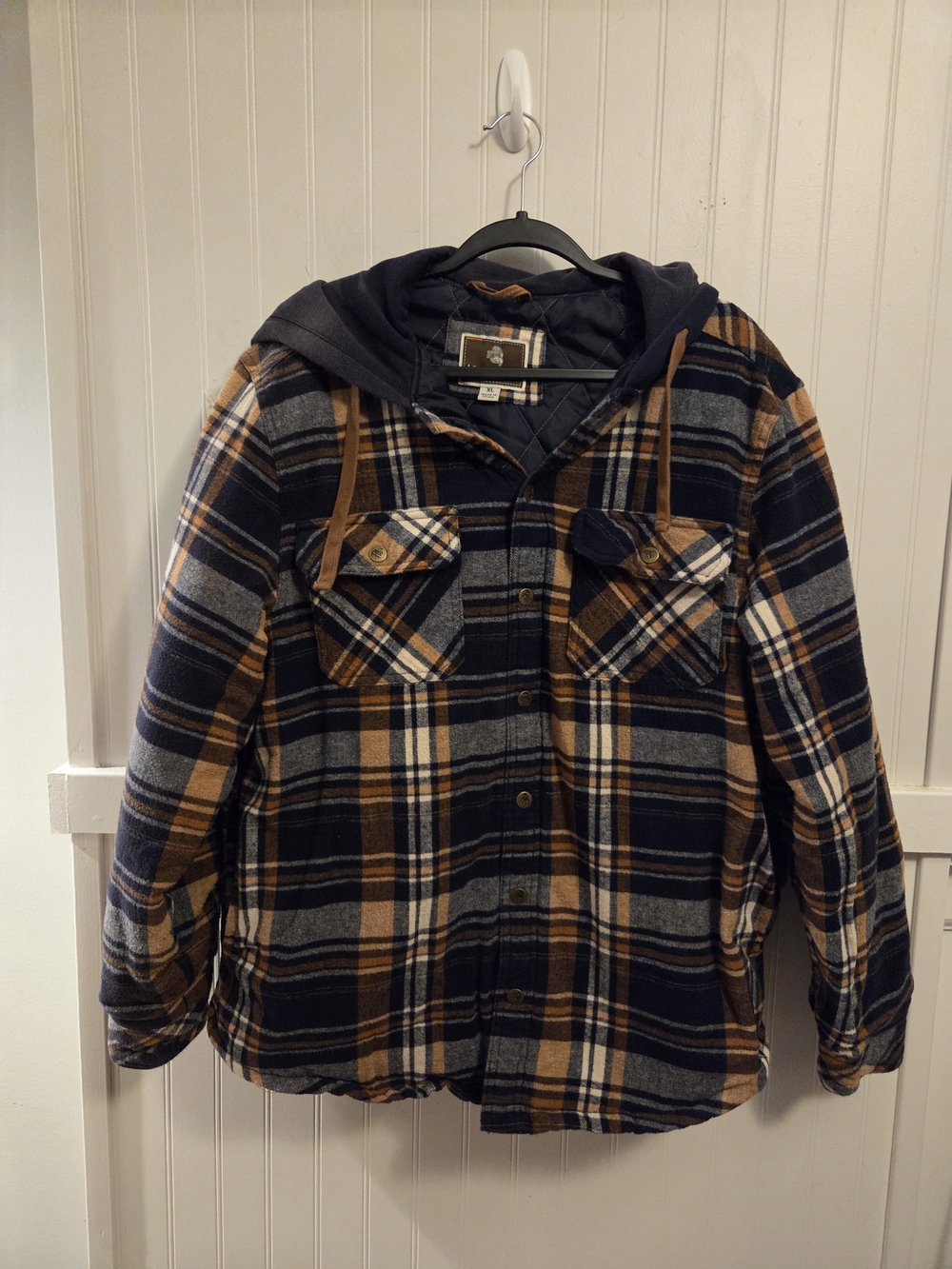 Men's Hooded Plaid Shirt Jacket in Navy and Brown